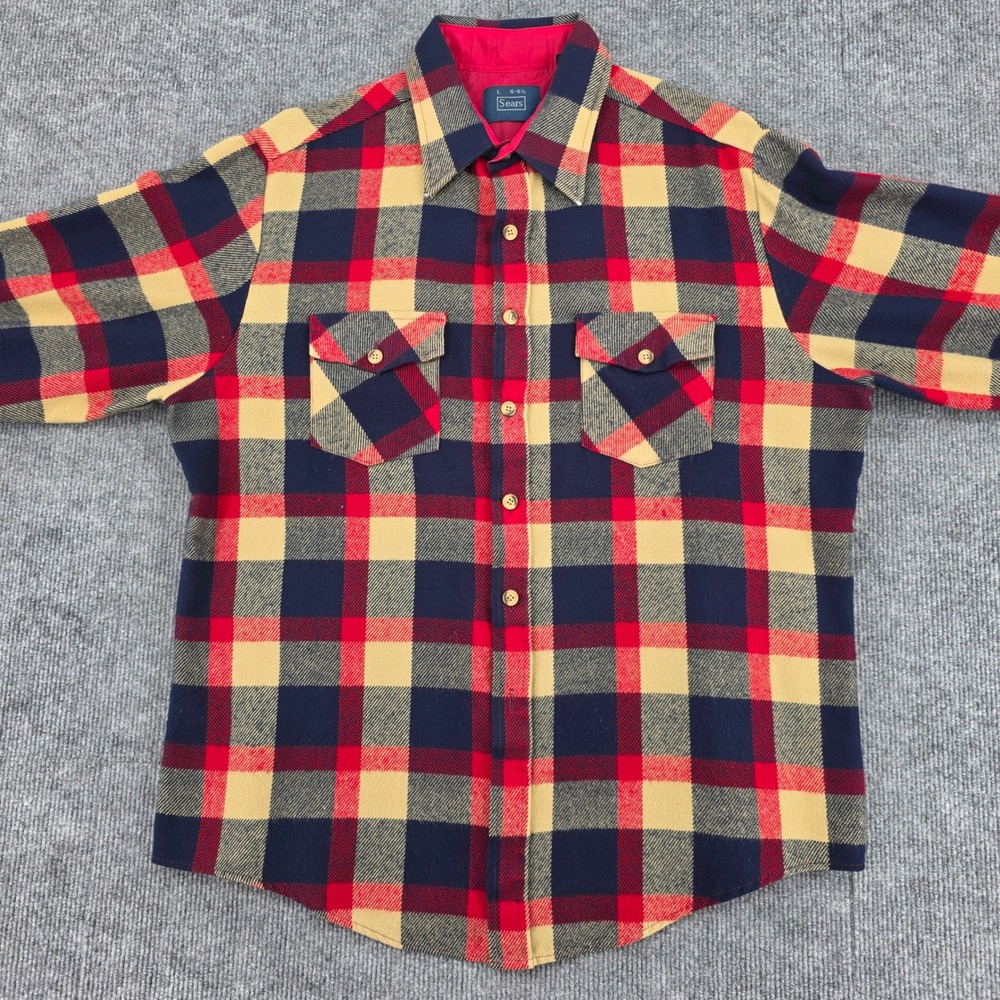 Vintage Sears Mens Plaid Flannel Shirt Large Red Navy Blue Acrylic Workwear 0623 - Picture 2 of 7